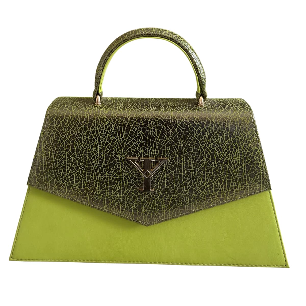 Jigéen Vert Clair — Cuir lisse vert citron + rabat cuir craquelé métallisé